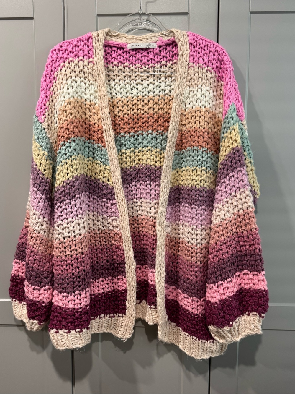 Altar'd State Pink & Cream Multicolor Chunky Stripe Open Cardigan